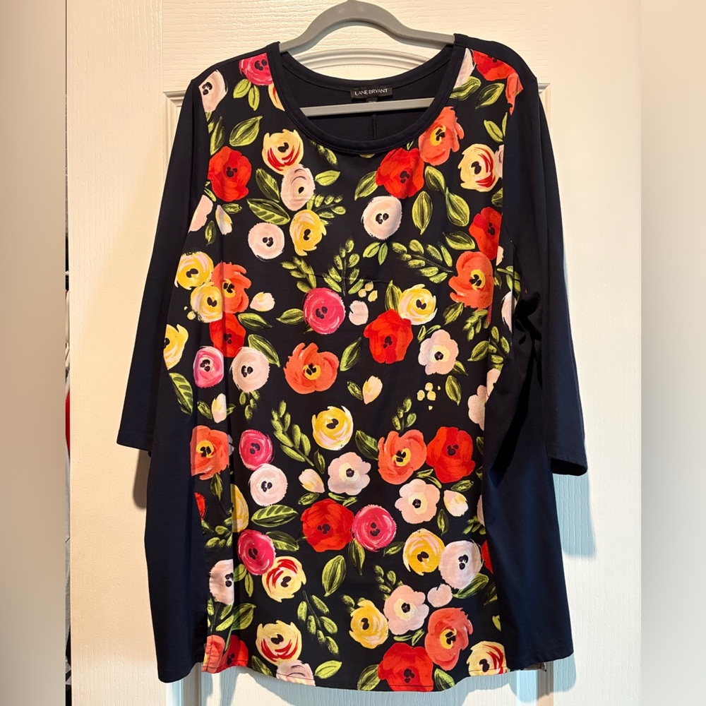 Lane Bryant Navy Blue Tunic Top with multi-color floral print